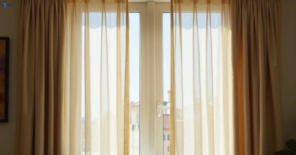 Dull dusty drapes in middle-park before professional cleaning